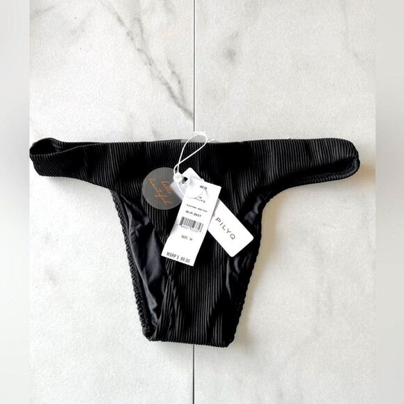 Nwt PilyQ Anthropologie black Pearl ribbed basic cheeky Teeny bikini bottom - Picture 3 of 5